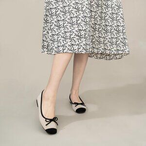 Women Light Apricot Faux Suede Square Toe Slip On Cap Toe Bow Dressy Flat Shoes